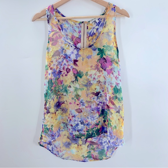Collective Concepts watercolor floral tank chiffon semi sheer small zip back - Picture 1 of 5